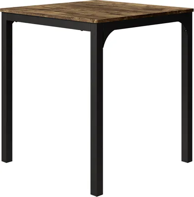 A square table with a wood-look top and black metal legs, isolated on a white background.