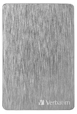 A close-up, top-down view of a silver external hard drive with a brushed metal finish.