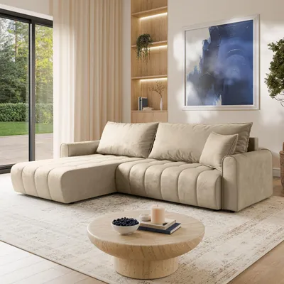 Produktbild von Masseno Ecksofa FRIGA mit Schlaffunktion L-Form, Sofa mit Bettkasten, Wohnzimmersofa, Couch, Soffa, Bettsofa, Couchgarnitur- Creme, MONOLITH 04