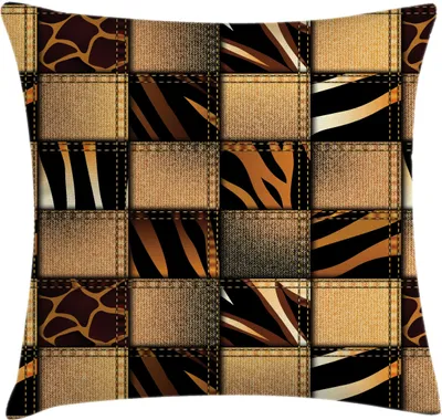 Produktbild von ABAKUHAUS Safari Kissenbezug, Jeans Denim Patchwork in Safari Stil Wildnis stilisierte Design Kunstdruck, 45 x 45 cm, Braun und Schwarz
