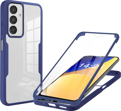 A blue and transparent phone case is shown, with a phone inside the case in the foreground.