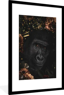 Produktbild von MuchoWow® MuchoWow® Gerahmtes Poster Gorilla - Blumen - Gold 60x90 cm - Poster mit zchwarzem Bilderrahmen - Dekoration - Wandposter Wohnzimmer - Hochwertig