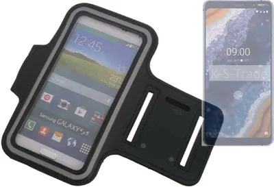 Produktbild von Kompatibel mit Nokia 9 Neopren Jogging Armband Sportarmband Oberarmband schwarz kompatibel mit Nokia 9 mit Reflektor Streifen. Fitness Lauf Armband