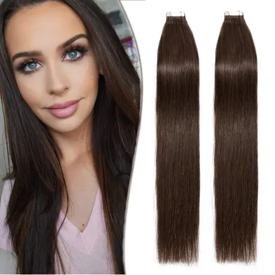 Produktbild von Haarverlängerungen mit Klebestreifen – 100% Remy-Haar, mittelbraun