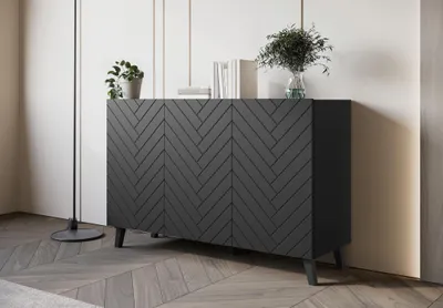 Obrázek produktu pro Široká komoda s dvířky DARION - černý grafit / vzor rybí kosti