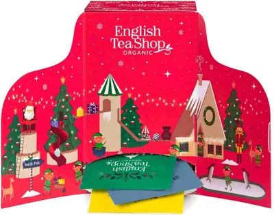 Produktbild von ETS - Tee Adventskalender 2026 "Elfen-Dorf" rot, 24 verschiedene BIO Tees