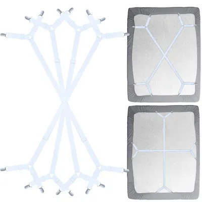 Zdjęcie produktu dla 4 sztuki gumek do podtrzymywania prześcieradeł, białe, regulowane, elastyczne, z ochroną dla tkaniny