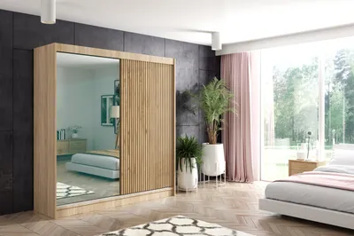 Produktbild von ALTDECOR Kleiderschrank mit Spiegel und Lamel-Schiebetüren, kugelgelagerte Führungsschienen und Aluminium-Leisten - VILO - 200 cm - Sonoma Eiche/Sonoma Eiche/Lamelle Eiche Wotan