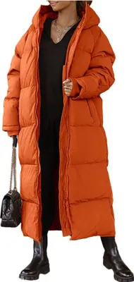 Produktbild von ASKSA Damen Wintermantel Lange Puffer Daunenjacke Gesteppter Mantel Kapuze Oberbekleidung, Orange, XL