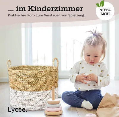 Produktbild von Lycce Wäschekorb mit Henkel | Korb geflochten aus Seegras | vielseitig einsetzbar als Wäschesammler, Aufbewahrungskorb für Spielzeug, Korb für Geschenke, Badezimmer Organizer uvm. | beige & weiß, Größe:Größe 2