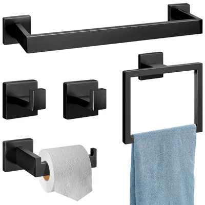 5-teiliges Badezimmer-Set, Handtuchhalter ohne Bohren, Edelstahl, schwarz