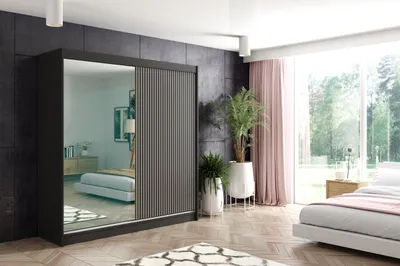 Produktbild von ALTDECOR Kleiderschrank mit Spiegel und Lamel-Schiebetüren, kugelgelagerte Führungsschienen und Aluminium-Leisten - VILO - 200 cm - Schwarz/Lamelle Schwarz