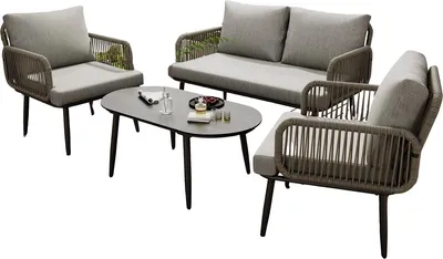 Image de Ensemble de salon pour jardin, terrasse & balcon - Ensemble de salon de jardin 4 pièces avec design tressé à la main & Houtnerflook - Canapé 2 places, 2 fauteuils & table - Plateau en verre trempé & acier galvanisé