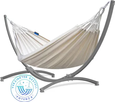 Produktbild von Potenza Outdoor Hängematte mit Verzinkter Gestell für 2 Personen I 100% Baumwolle Medelin Doppelhängematte 220x140, 160kg I Grau Hängemattengestell 220kg, wetterfest