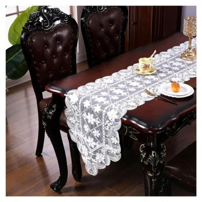 Produktbild von Tischläufer mit weißen Blumen, Vintage Tischdecke, für Hochzeit, Fest, Heimdekoration, 40x120cm, Weiß mit Goldfaden