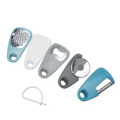 Produktbild von Küchenhelfer Set aus Edelstahl, 5-teilig,Obst- und Gemüseschäler, Pizzaschneider, Käsereibe, Flaschenöffner, Sparschäler, Knoblauch-Ingwermühle