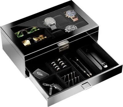 Produktbild von Famanu Uhrenbox und Brillenetui - für 6 Uhren und 3 Brillen - schwarz - Holz