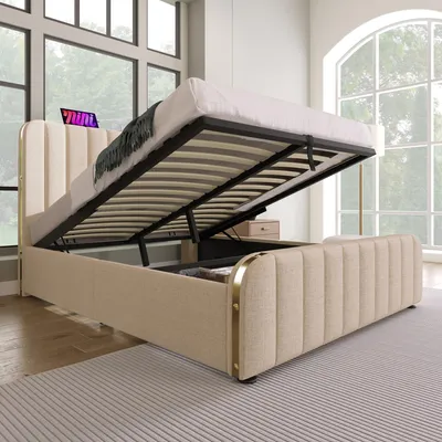Image de Lit avec tête de lit rembourrée double, ornée de motifs dorés, et équipé d'une fonction de charge USB de type C. Dimensions : 140 x 200 cm
