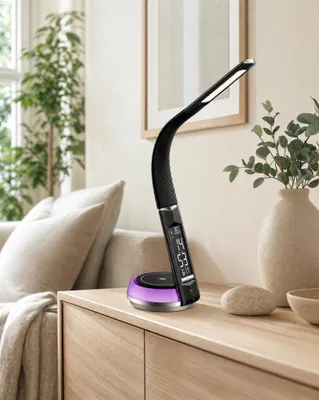 Produktbild von LED Schreibtischlampe Lederoptik mit QI-Ladestation Touch dimmbar Warm-/Kaltweiß Uhranzeige Schwarz, KI-generiertes Bild