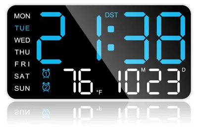 LED-Wanduhr 10 Zoll, dimmbar, Doppelalarm, Temperatur, Blau