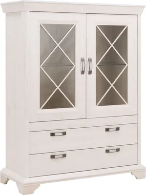 Produktbild von Furniture24 Vitrine Kashmir KSMV64, Standvitrine, Vitrinenschrank mit 2 Türen und 2 Schubkasten Pinie Weiß, Ohne Beleuchtung