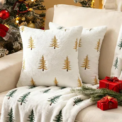Immagine prodotto di Cuscini decorativi natalizi, 45x45 cm, 2 pezzi, motivo albero di Natale in peluche, colore bianco