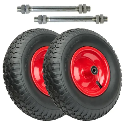 Image de Garronda Lot de 2 roues de rechange brouette 4.00-6 Roue de brouette Ø 320 mm Pneumatiques 2PR Pneus jusqu'à 136 kg avec essieu Jante en acier Roulement à billes pour chariot de jardin Cour Chantier GD-0163, Noir-Rouge