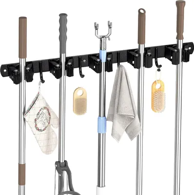 Produktbild von Wandmontierter Besenhalter, 5 Besenhalter und 4 Haken, Schwarz, Besenhalter mit Bohr- oder Klebebefestigung (kein Bohren erforderlich), Organizer für Badezimmer, Garage, Gartengeräte, Küche