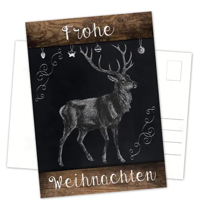 Produktbild von Postkarten Weihnachten DIN A6 hoch Tafelkreide-Optik schwarz weiß mit Holzoptik und Hirsch-Motiv 10 Stück10 Stück