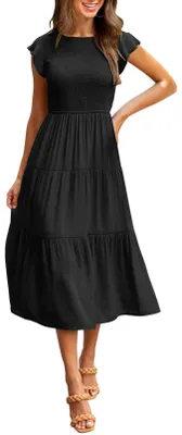 Produktbild von Merokeety Damen Flatterkleid Kurzarm gesmoktes Midikleid Sommer Casual Gestuft A