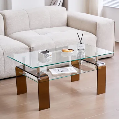 Zdjęcie produktu dla Stolik szklany 100 x 55 cm, przezroczysty, szkło hartowane, brązowe szklane nogi, stolik kawowy, 100 x 55 x 45 cm