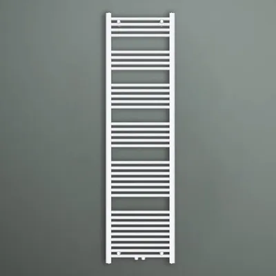 A white towel radiator against a gray wall.