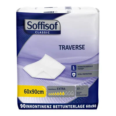 Obrázek produktu pro Soffisof inkontinenční chránič lůžka 60x90 Extra - 90x jednorázová podložka do postele pro dospělé - 6 balení po 15 podložkách do postele, 7 kapek - inkontinenční podložka do postele