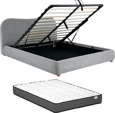 Produktbild von Bett mit Bettkasten - 120 x 190 cm - Stoff - Hellgrau + Matratze - VANARI