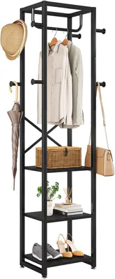 Produktbild von Garderobenständer, Freistehender Garderobenständer mit 3 Ablagen und 8 Haken, Industrieller Kleiderständer für Eingang, Flur, Schlafzimmer, 180 x 40 x 30 cm, Schwarz TMJ088B