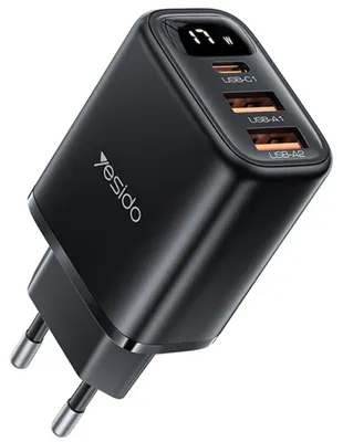 Obrázek produktu pro Yesido – síťová nabíječka s digitálním displejem, 2× USB + USB-C, 17 W – černá