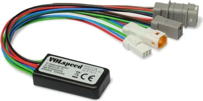A black electronic module with multiple colored wires and connectors, presented on a white background.