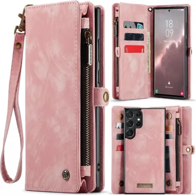 A collage of a pink wallet-style phone case with a wrist strap and zipper pocket, showing different angles and configurations.