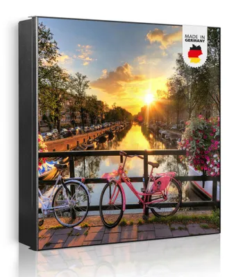 Produktbild von banjado Schlüsselkasten aus Metall, 30x30cm groß mit 32 Haken, als Magnettafel nutzbar, Korpus schwarz, Anschlag links, Amsterdam Mit Rad [SKG2 12683]