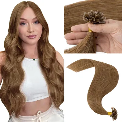 Immagine prodotto di Estensioni per capelli in cheratina, colore castano chiaro, lunghezza 50 cm, tipo U-Tip, capelli Remy, confezione da 50 ciocche, peso 50 grammi