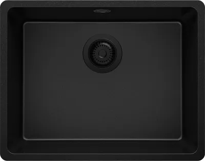 A top-down view of a black kitchen sink.