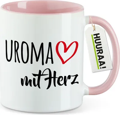 Produktbild von Huuraa Kaffeetasse Uroma mit Herz 330ml Rosa Keramik Kaffeebecher Geschenkidee