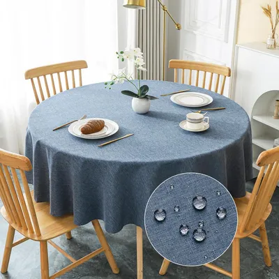 Obrázek produktu pro Kulatá ubrus, průměr 180 cm, modrá, vzhled lnu, polyester, vodoodpudivá, odolná proti poškrábání