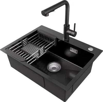 Produktbild von CECIPA MAX Küchenspüle, Anthrazitton, 60 x 45 cm + ausziehbare Küchenarmatur, gebürstetes Schwarz, mit Abtropfgestell und Siphon, Einzelbecken