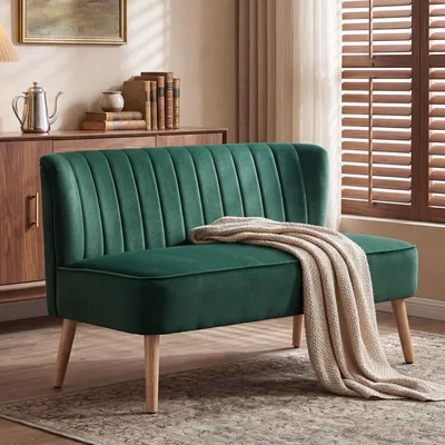 Image de Canapé pour salon, revêtement en polyester, structure en bois d'hévéa, couleur vert foncé