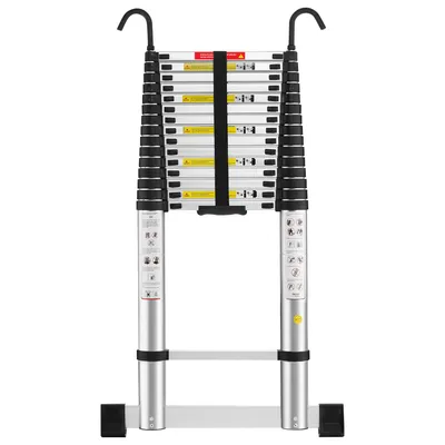 A silver telescopic ladder with black accents is shown against a white background.