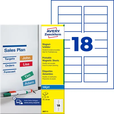 Produktbild von Avery Zweckform J8871-5, Magnet-Schilder, A4, 78 x 28 mm, 90 Etiketten / 5 Bögen, weiß