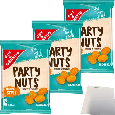 Produktbild von Gut & Günstig Party Nuts Erdnüsse im Teigmantel Paprika-Style 3er Pack (3x200g Packung) + usy Block
