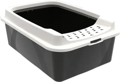 A gray and white litter box with a black interior, shown from a slightly elevated side angle against a white background.