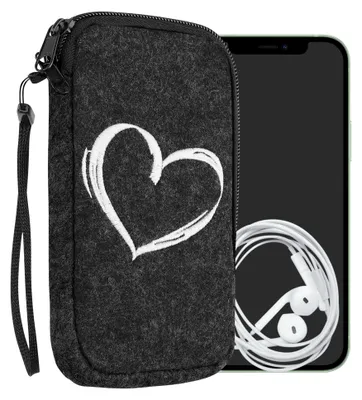 Produktbild von kwmobile Handytasche für Smartphones XL - 6,7/6,8" - Handy Filztasche - Herz Brush Weiß Dunkelgrau - 17,2 x 8,4 cm Innenmaße